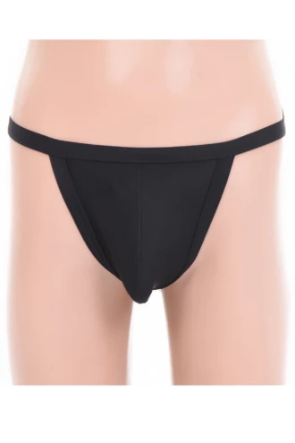 Black microfiber men's thong with a smooth, barely-there feel and a comfortable flat waistband.