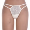 Sheer mesh thong sitting low on the hip with minimal coverage and a smooth face, a light daily cut.