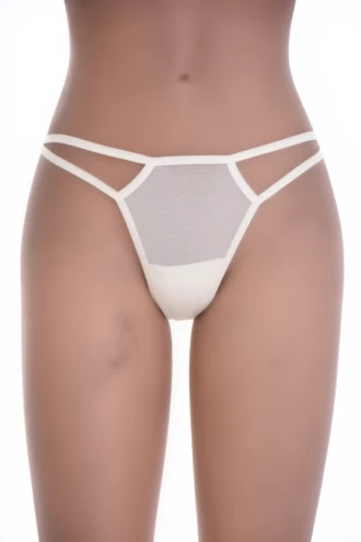 Sheer mesh thong sitting low on the hip with minimal coverage and a smooth face, a light daily cut.
