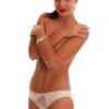 Microfiber bikini briefs with a floral lace inset, sitting between a plain no-show pair and a full lace one.