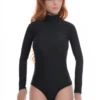 Microfiber bodysuit with mock neck and long sleeves in a polo silhouette, easy under a blazer or knit.