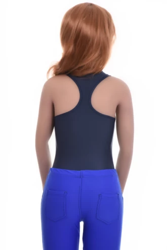 Sleeveless microfiber bodysuit with a racerback that draws the straps in for a sportier line.