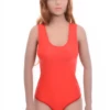 Microfiber bodysuit with racerback and thong cut, smooth and invisible under fitted clothing.
