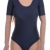 Microfiber bodysuit with scoop neck and short sleeves, fine and smooth for a clean everyday line.