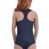 Microfiber bodysuit with scoop neck and wide straps, racerback keeping straps hidden under wide necklines.