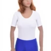 Fine microfiber bodysuit with short sleeves and thong back, easy to layer under shirts or wear alone.