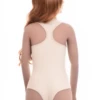 Microfiber bodysuit with wide straps and racerback, drawing the straps in for a clean back line.