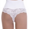 Smooth microfiber Brazilian briefs for women with a wide floral lace panel across the lower front.