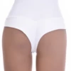 Smooth microfiber Brazilian briefs for women with a high front waist trimmed in fine lace and a small bow.
