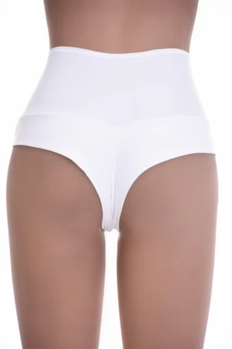 Smooth microfiber Brazilian briefs for women with a high front waist trimmed in fine lace and a small bow.