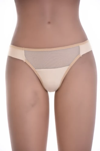 Microfiber Brazilian panties combining a no-show base with a sheer mesh panel, moderate coverage open sides.