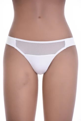 Microfiber Brazilian panties with a sheer mesh top panel and smooth microfiber base, no-show low-rise cut.