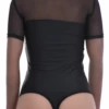 Microfiber-and-mesh blouse bodysuit by Tiara Galiano with a pointed collar and brazilian back, worn under a blazer.