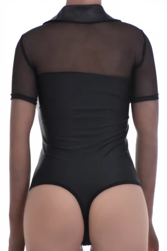Microfiber-and-mesh blouse bodysuit by Tiara Galiano with a pointed collar and brazilian back, worn under a blazer.