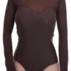 Microfiber and mesh bodysuit with round neck, long sheer sleeves and thong cut, worn alone or under a blazer.