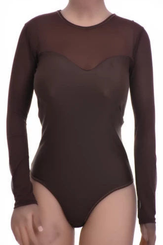 Microfiber and mesh bodysuit with round neck, long sheer sleeves and thong cut, worn alone or under a blazer.