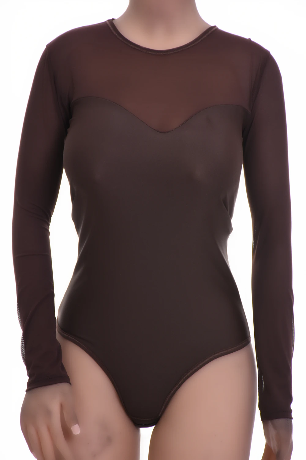 Microfiber and mesh bodysuit with round neck, long sheer sleeves and thong cut, worn alone or under a blazer.