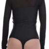 Microfiber bodysuit by Tiara Galiano with see-through mesh shoulders and arms over a smooth shaped body.