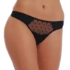Microfiber thong with a dotted-mesh lace front and minimal coverage, invisible under tight clothing.