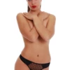 Smooth microfiber thong with a sheer dotted-lace front panel and slim back, an everyday no-show cut.
