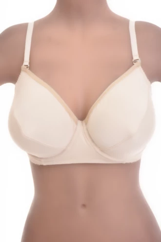 Microfiber bra with unpadded soft cups keeping a clean natural line, with a flat band and hook-and-eye back.