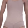 Minimal cotton tank bodysuit with scoop neck and spaghetti straps, a pared-back warm-weather staple.
