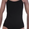 Minimal cotton tank bodysuit with scoop neck and spaghetti straps, a pared-back warm-weather staple.