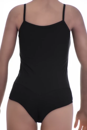 Minimal cotton tank bodysuit with scoop neck and spaghetti straps, a pared-back warm-weather staple.