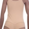 Minimal cotton tank bodysuit with scoop neck and spaghetti straps, a pared-back warm-weather staple.