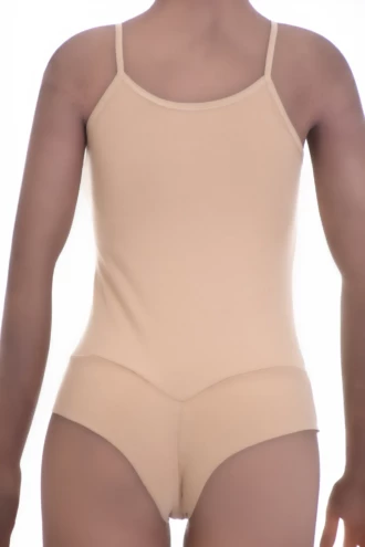 Minimal cotton tank bodysuit with scoop neck and spaghetti straps, a pared-back warm-weather staple.