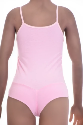 Minimal cotton tank bodysuit with scoop neck and spaghetti straps, a pared-back warm-weather staple.