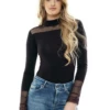 Mock-neck black cotton bodysuit with lace trim, thong cut and hook-and-eye closure, a close polo-style layer.