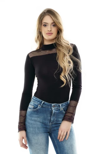 Mock-neck black cotton bodysuit with lace trim, thong cut and hook-and-eye closure, a close polo-style layer.