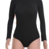 Mock-neck cotton-blend bodysuit with long sleeves and a close fit, worn under a jacket without riding up.