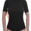 Mock-neck cotton bodysuit between a tee and a turtleneck, a neat short-sleeve transitional layer.
