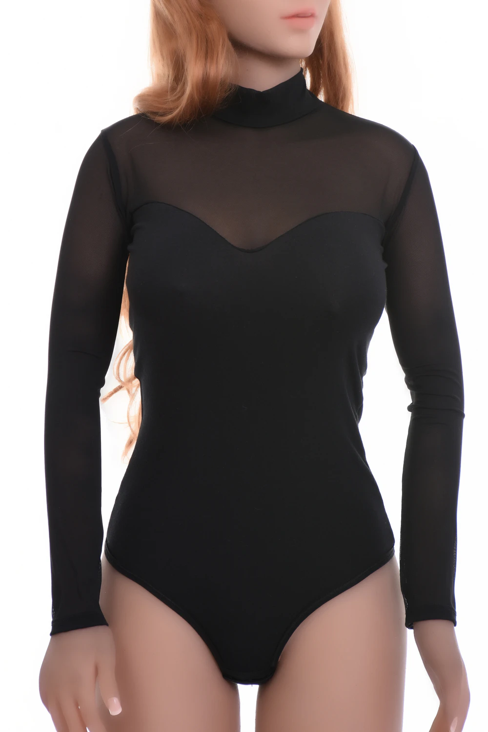 Mock-neck long-sleeve cotton bodysuit with mesh detail and thong back, a quietly textured everyday layer.