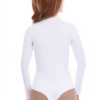 Mock-neck microfiber bodysuit with hook-and-eye fastening, a smooth base that holds its shape all day.