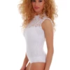 Mock-neck white cotton bodysuit with lace finish and hook-and-eye closure, a polo-style decorative layer.