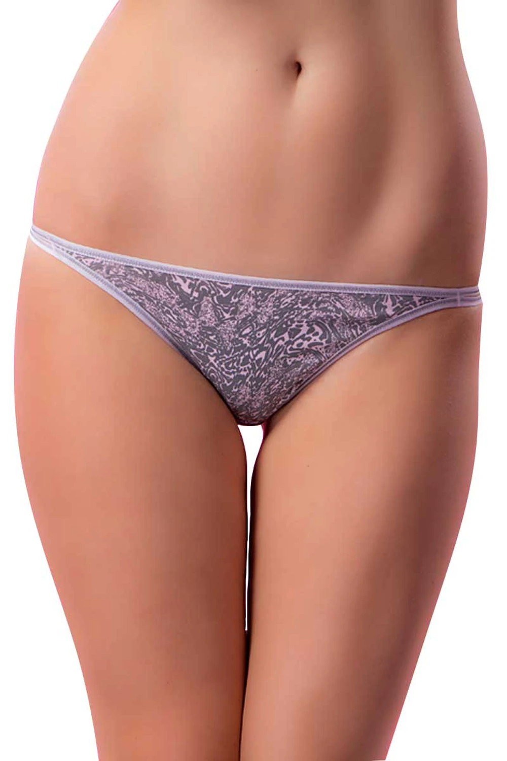 Abstract pink and gray marbled print on soft cotton bikini briefs with slim strappy sides.