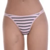 Pink and gray horizontal stripe on breathable cotton-blend bikini briefs with a high leg and low rise.
