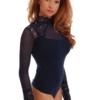 Polo-style cotton bodysuit with lace-trimmed neck and long sleeves, a decorative everyday layer.
