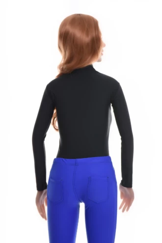 Fine polo-style microfiber bodysuit with long sleeves and brazilian back, smooth under knits and shirts.
