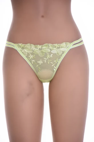 Reseda floral lace thong in a soft yellow-green with thin double straps and a lace front, low-rise minimal coverage.