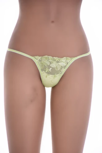 Reseda lace G-string on fine dotted mesh with scalloped edges and a slim string back, low-rise minimal coverage.