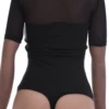 Round-neck cotton bodysuit with sheer mesh detailing and hook-and-eye closure, soft for all-day wear.