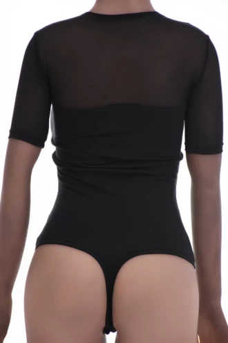 Round-neck cotton bodysuit with sheer mesh detailing and hook-and-eye closure, soft for all-day wear.