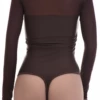 Round-neck microfiber bodysuit with sheer mesh yoke and long sleeves, a smooth shaped layer with a soft line.