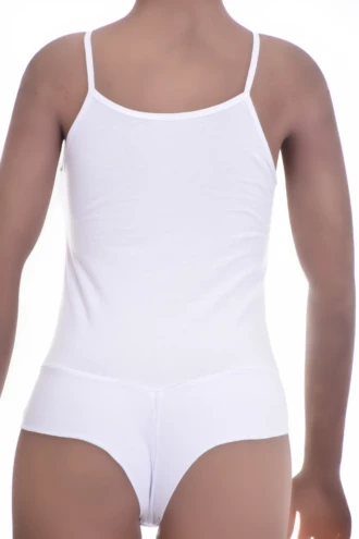 Scoop-neck cotton bodysuit by Tiara Galiano on fine straps, worn under summer dresses or open shirts.