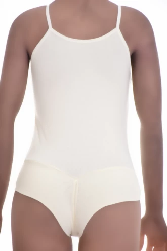 Scoop-neck cotton bodysuit by Tiara Galiano on fine straps, worn under summer dresses or open shirts.