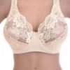 Shaped-cup lace bra with a scalloped neckline and floral lace front, fastening with a back hook-and-eye closure.